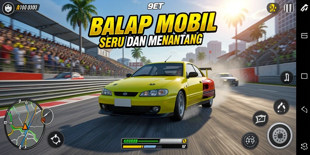 Tampilan gameplay 9ET yang seru dan kompetitif di trek balap.