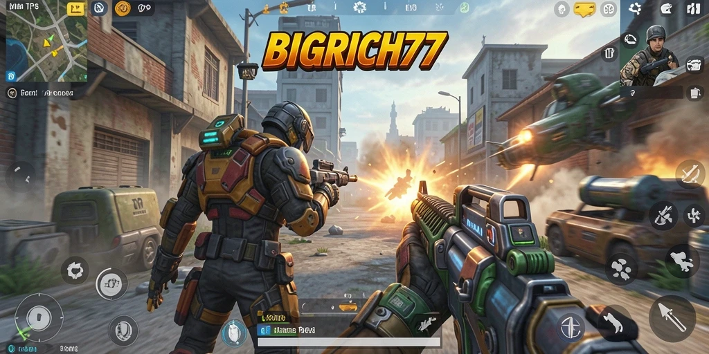 Screenshot gameplay BIGRICH77 yang menunjukkan pertempuran TPS yang intens.