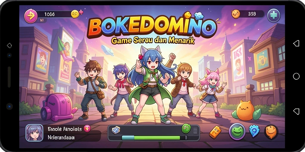 Tampilan gameplay seru BOKEDOMINO dengan karakter anime menarik.