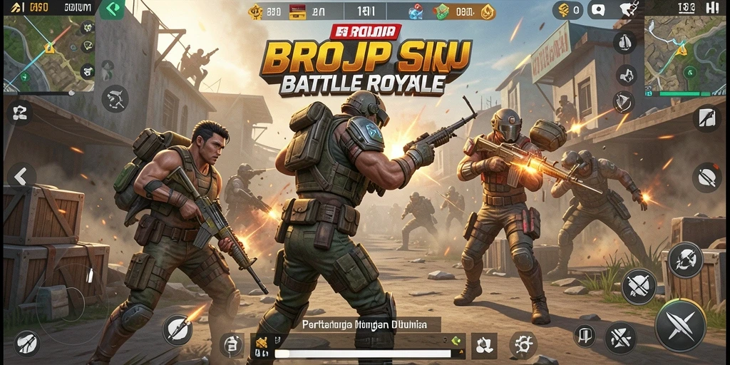 Screenshot utama BROJP menampilkan aksi Battle Royale yang intens dan mendebarkan.