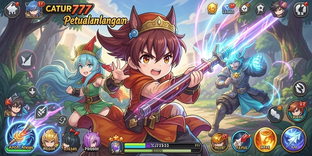 Tampilan gameplay CATUR777 dengan karakter anime beraksi di papan catur.