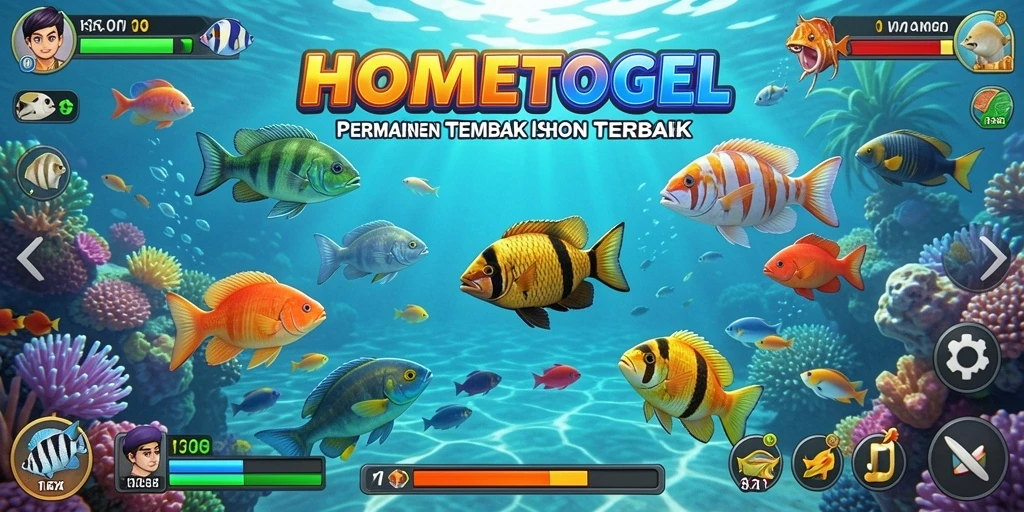Screenshot HOMETOGEL menampilkan aksi menangkap ikan yang penuh warna.
