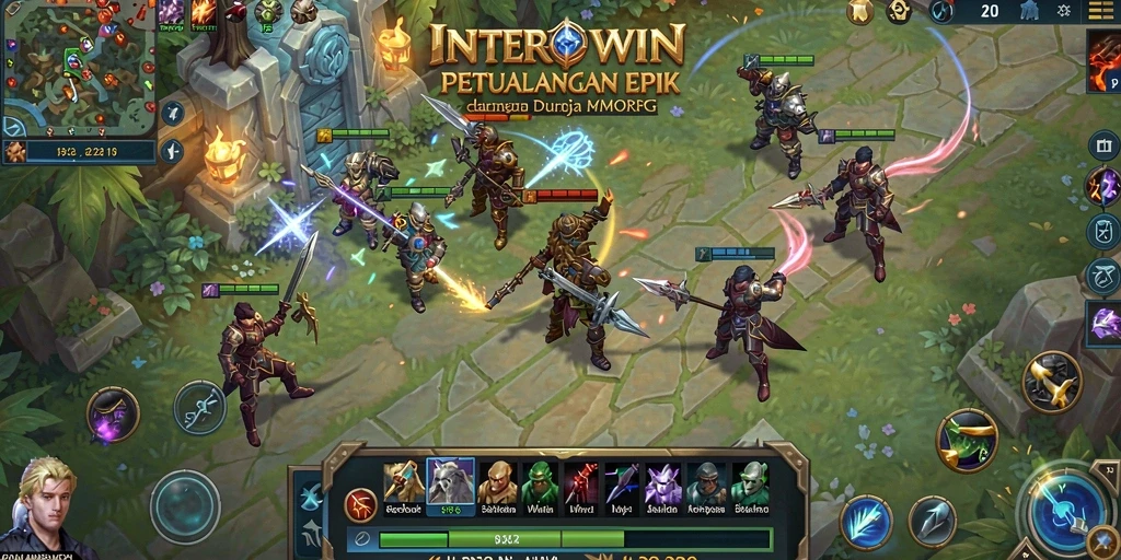 Tangkapan layar dari INTERWIN menampilkan pertempuran epik dan dunia menakjubkan.