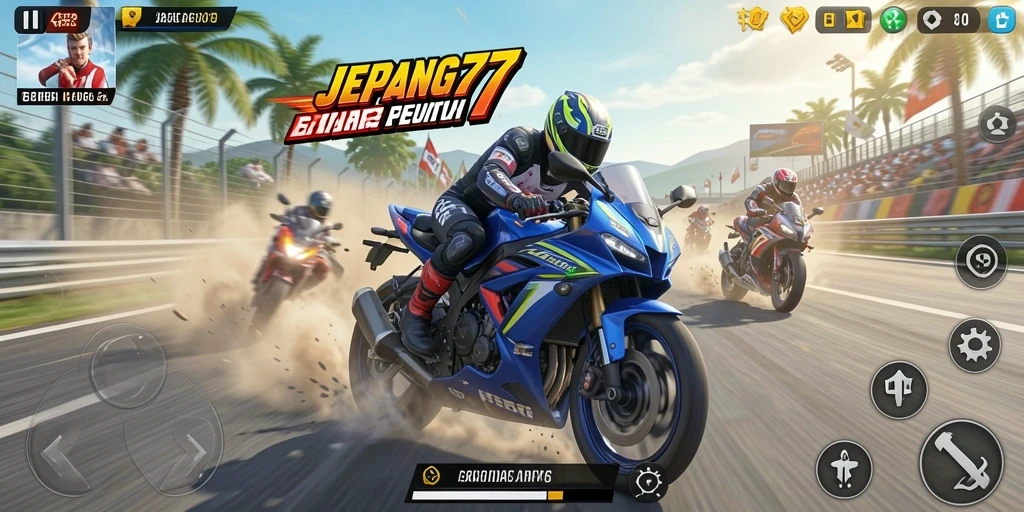 Screenshot gameplay JEPANG77 dengan aksi balapan motor yang mendebarkan.