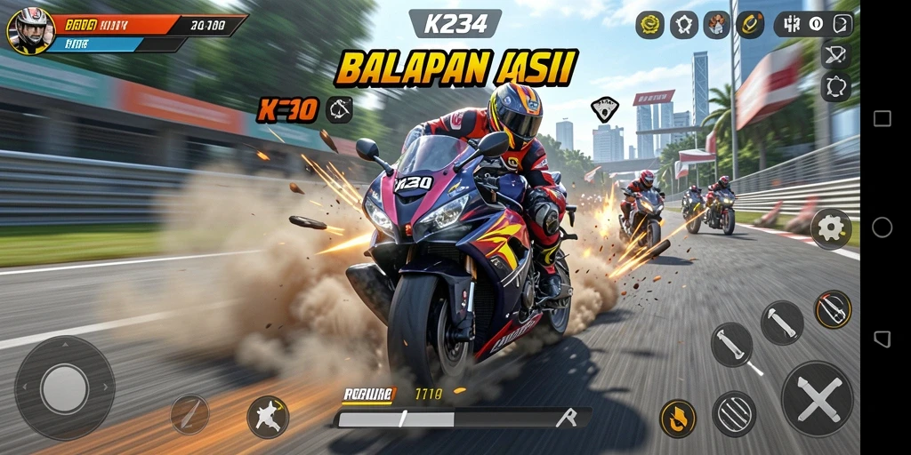 Gameplay K234 dengan balapan motor menegangkan dan grafis memukau.