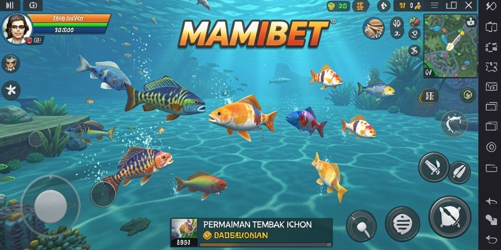 Tampilan gameplay MAMIBET dengan berbagai ikan dan senjata menarik.