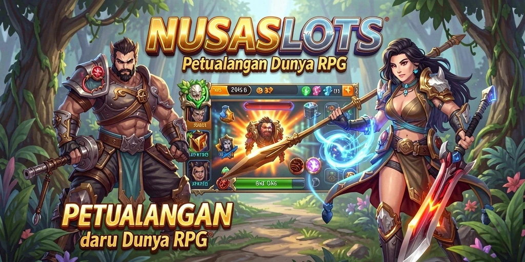 Screenshot utama NUSASLOTS menampilkan pertarungan epik antar karakter RPG.