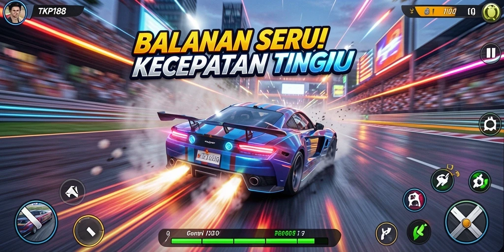 Screenshot gameplay TKP188 menunjukkan aksi balapan yang mendebarkan.