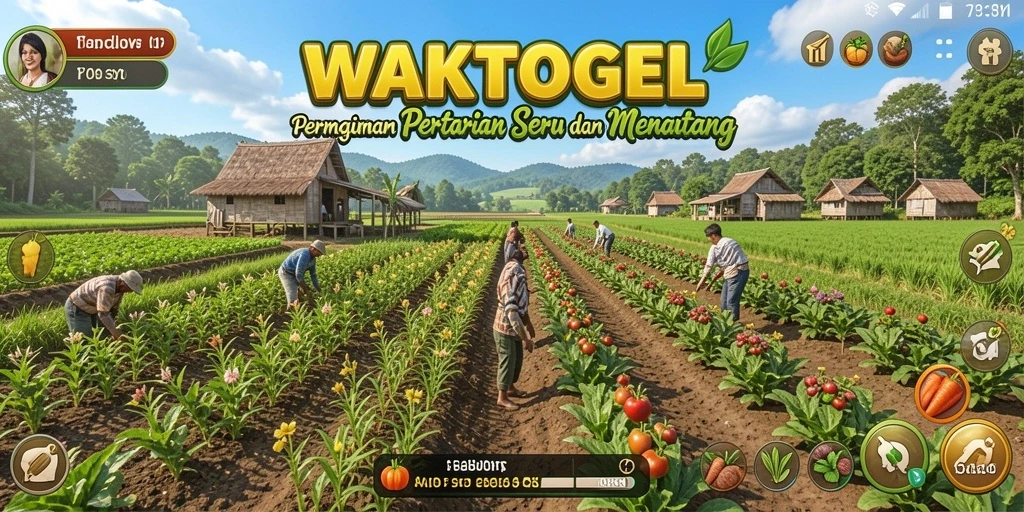 Tampilan gameplay WAKTOGEL dengan ladang subur dan hewan ternak.